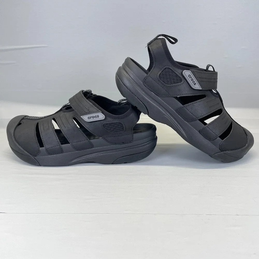 Crocs Yukon Fisherman Sandals Mens Size 9 Black Wedge Sport Outdoor Water Shoes